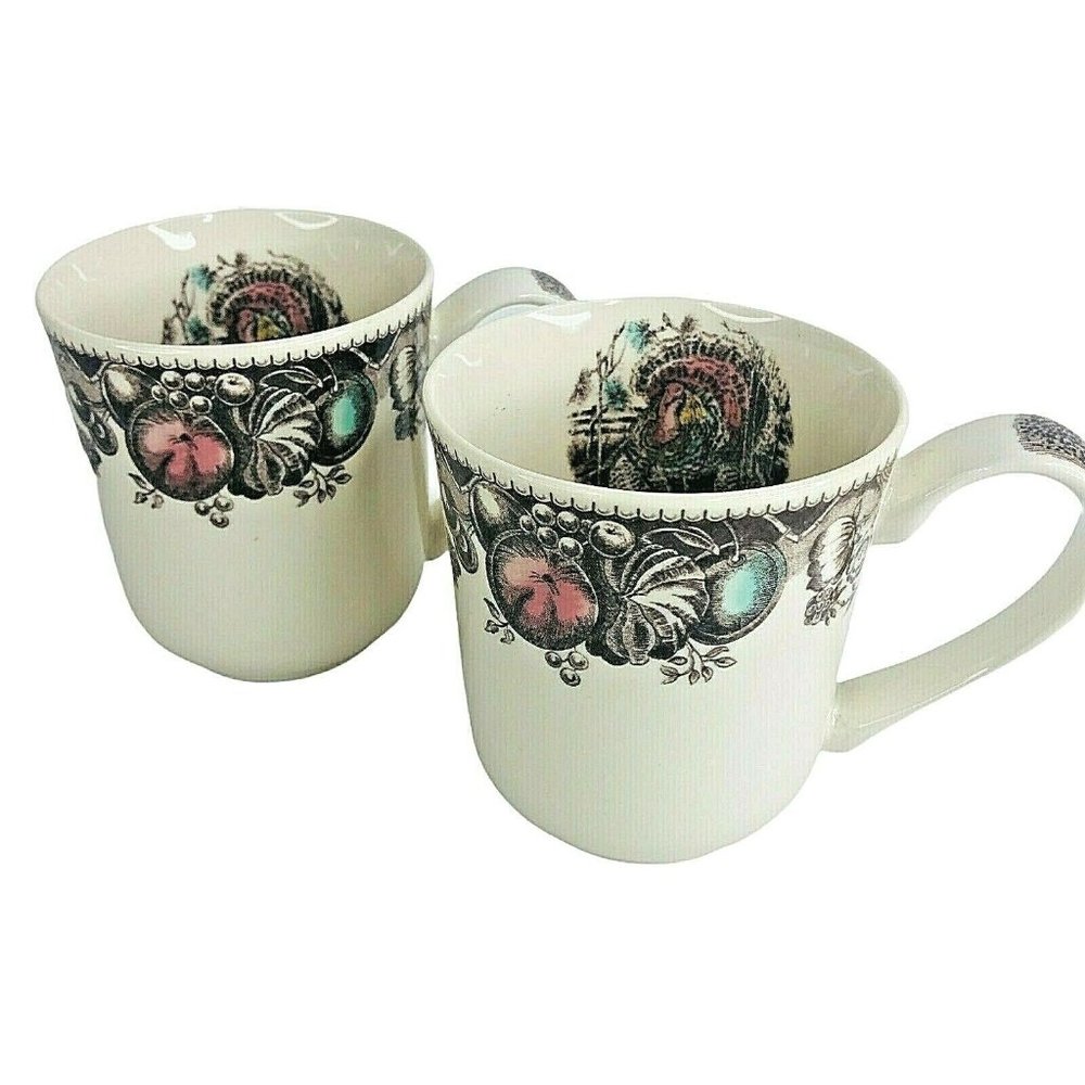 2 New Johnson Brothers Turkey Mugs Thanksgiving Set His Majesty Coffee Cups